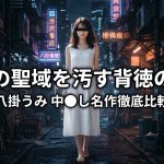 ネオンが光る暗いサイバーパンク風の路地裏に立つ、白いワンピースを着た若い日本人女性のアイキャッチ画像。画像中央に大きく「清楚の聖域を汚す背徳の極致」、その下に「八掛うみ 中●し名作徹底比較」というテキストが配置されている。